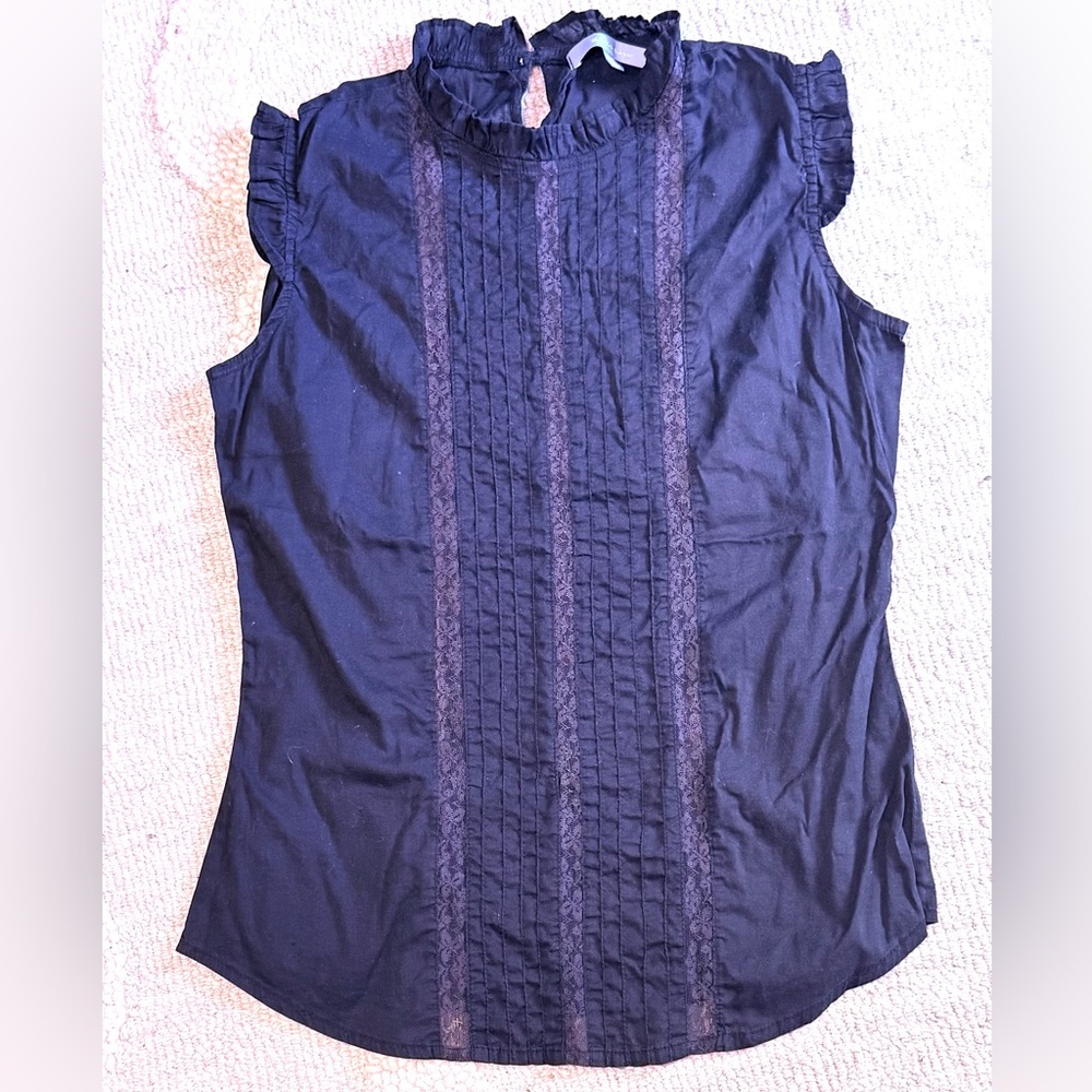 ZARA Navy Pintucks Lace Sleeveless Cotton Blouse
